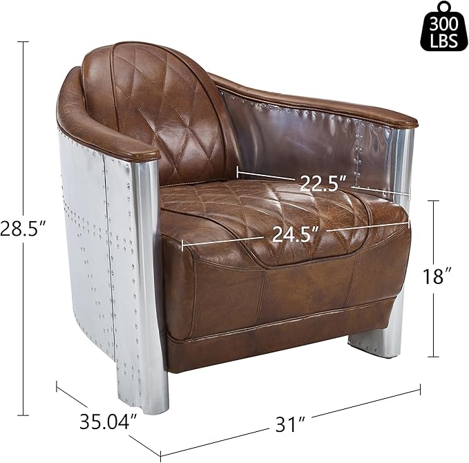 Zouron Genuine Leather Living Room Chair Mid Century Modern Single Sofa Chair in Aluminum Vintage Barrel Accent Chair for Living Room Bedroom Home Office Cognac