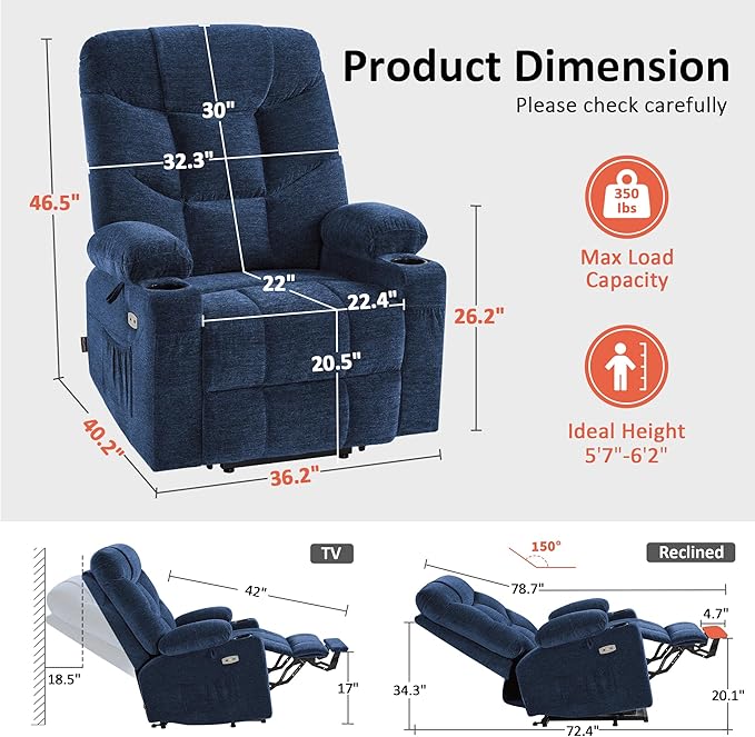 MCombo Power Lift Recliner Chair with Extended Footrest for Elderly People Fabric 7283 (Navy Blue Large)