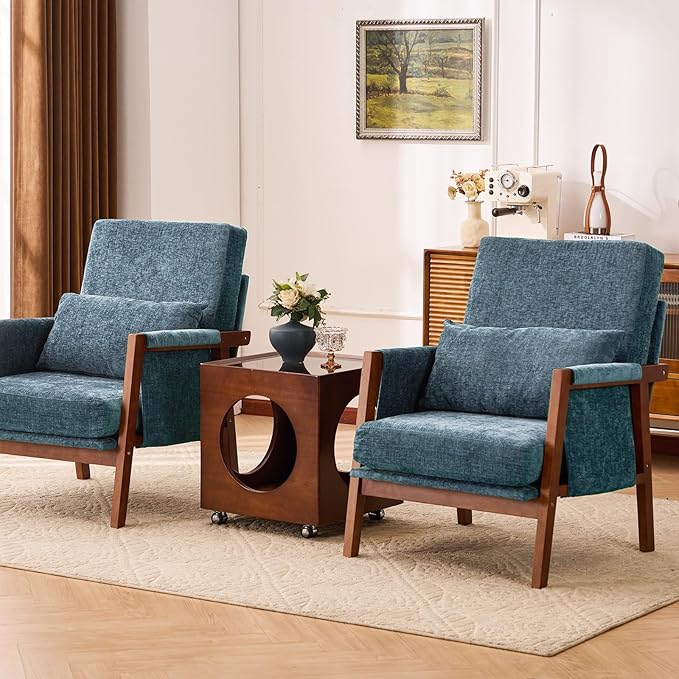 Accent Chairs Set of 2 Mid-Century Modern with Lumbar Support Pillow Upholstered Living Room Chairs with Wooden Chenille Armchair with Cushion Anthropologie Side Chair for Bedroom Navy
