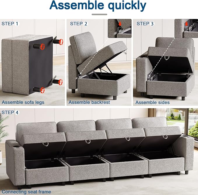 Fabric Middle Module for Modular Sofa Customizable Sectional Sofa Couch Accent Armless Chair with Storage Seat Single SeatGrey