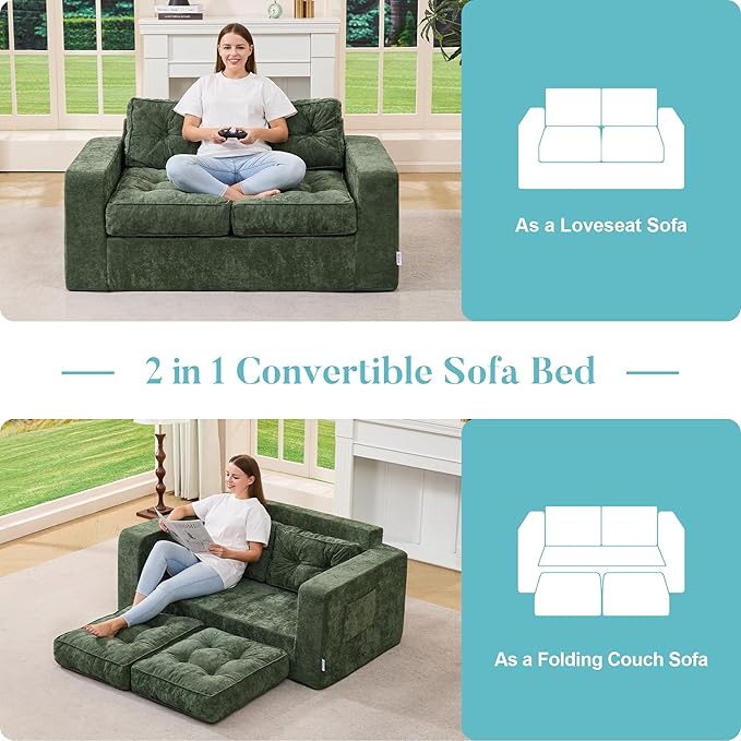 Hobestluk Sofa Couch Loveseat Sofa with Chenille Fabric 2-Seater Sofa for Small Spaces Comfortable Foam Floor Sofa 2 in 1 Boneless Couch for Living Room Bedroom Apartment or Office (Green Loveseat)