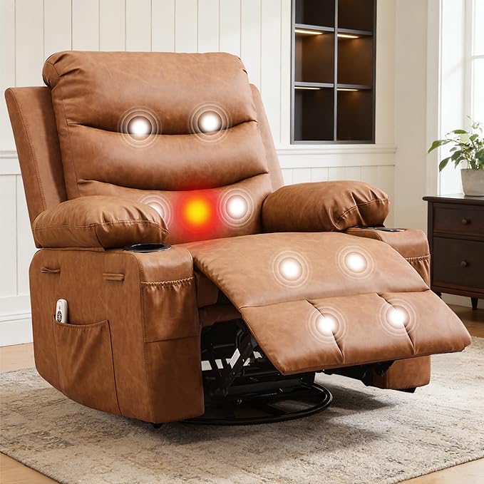 IDEALHOUSE Rocker Recliner Chair with Massage and Heat Swivel Reclining Sofa with Cup Holder Side Pockets Front Pockets Rocking Chair for Living Room Bedroom Nursery (Brown PU Leather)