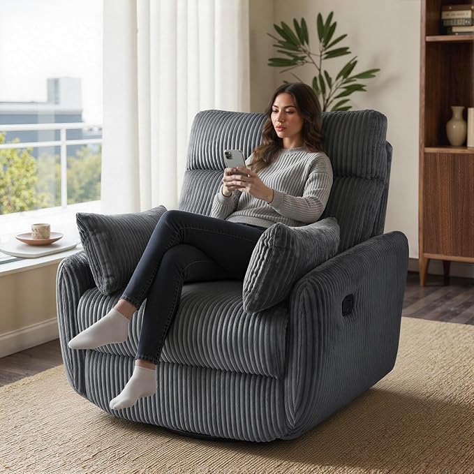 Swivel Recliner Chair for Adults Corduroy Nursery Glider Rocking Chair Armchair with 2 Pillows Comfy High Back Reclining for Small Spaces Nursery Bedroom Living Room (Corduroy Gray 1 Pack)