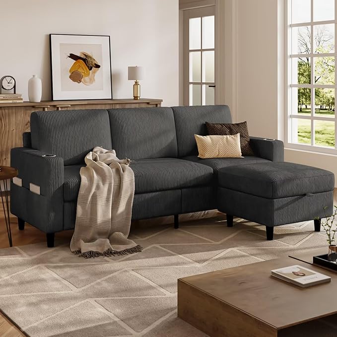 Convertible Sectional Couches for Living Room 3 Seats L Shaped Sofa with Storage Ottoman and 2 Cup Holders Modern Corduroy Couch Small Sofas for Small Space Apartment Office Dark Grey