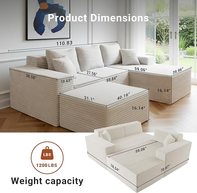 110 Boneless Couch Cloud Couch Sectional U-Shape Corduroy Modular Sectional Sofa Deep Seat Upholstered Couches for Living Room No Assembly Required Black