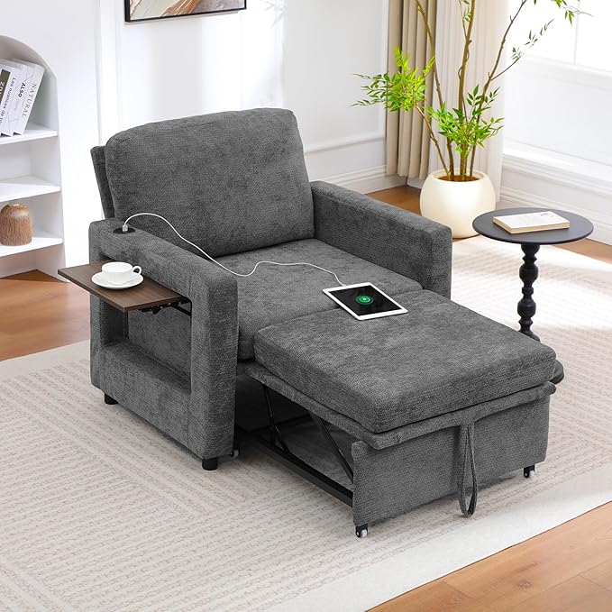 3 in 1 Folding Convertible Sleeper Sofa Bed Pull Out Couch with Side PocketsUSB PortSide TableLoveseat Sofa Bed with Adjustable Backrest for Living Room Bedroom 66 Darkgrey 1 SEAT