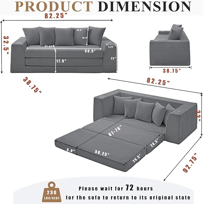 82'' Convertible Sofa Bed 2-in-1 Boneless Sleeper Sofa with Cup Holder &amp Pocket Corduroy Loveseat Sleeper Couch with 5 Pillows Pull Out Couch for Living Room Bedroom (Dark Grey)