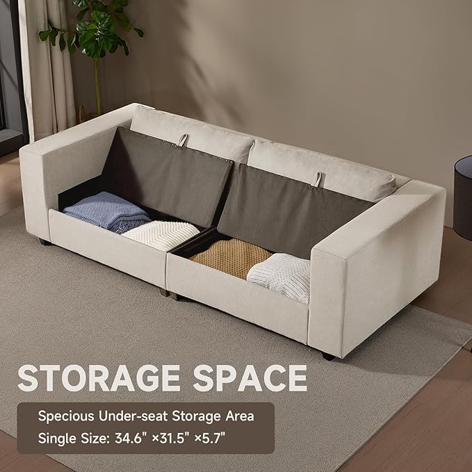 87'' Sofa Couch with Hidden Storage Space Modern Sofa for Living Room Comfy Upholstered 2-Seater Large Couch with Extra Deep Seat for Apartment White