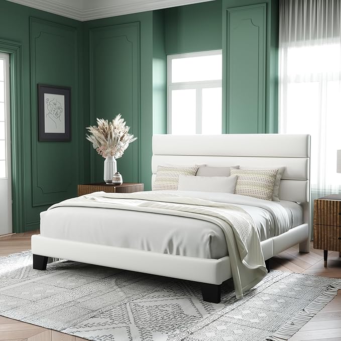 Allewie King Size Platform Bed Frame with Velvet Upholstered Headboard and Wooden Slats Support Fully Upholstered Mattress Foundation/No Box Spring Needed/Easy Assembly White