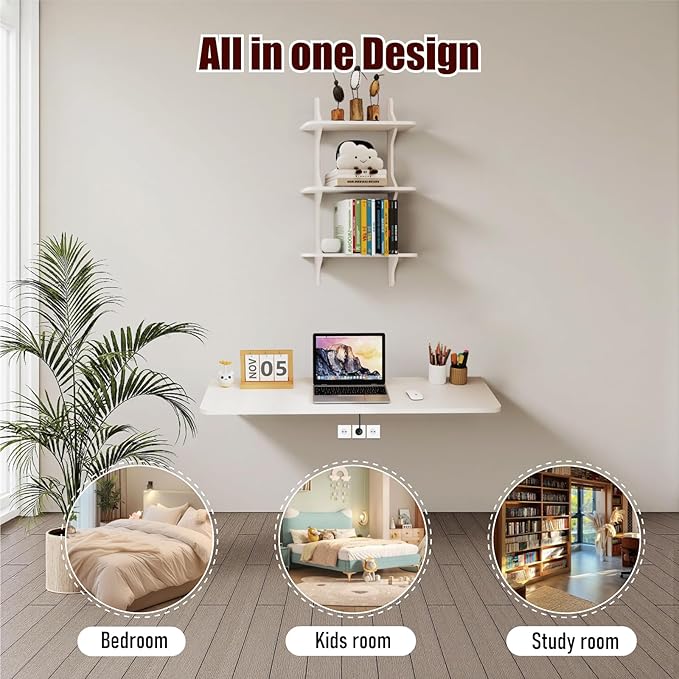 Pmnianhua Wall Mounted Folding Table 47'' Floating Laptop Desk with Shelves Foldable Drop Leaf Table Wall Mount Fold Down Table for Laundry Room Kitchen Bar Home Office Small Space(White)