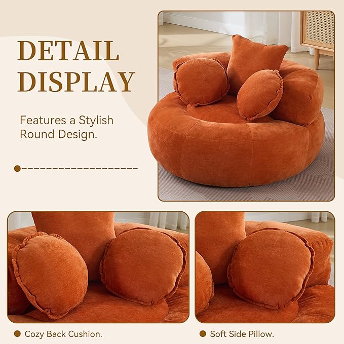 Round Oversized Chair Floor Sofa Chair Chenille Compressed Circle Chaise Lounge No Assembly Boneless Barrel Chair Lazy Bean Bag Couch Accent Chair for Living Room Bedroom DormOrange