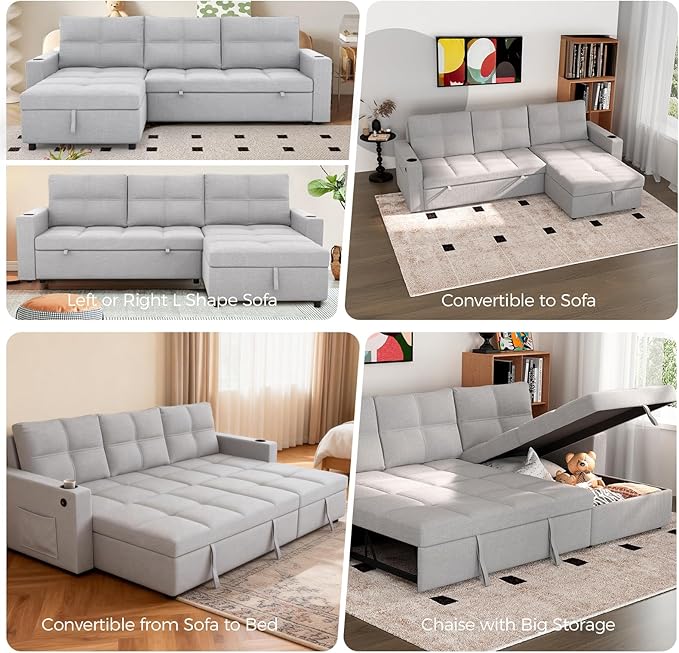 85 inch Sectional Sleeper Sofa Bed with StoragePull Out Couch with Reversible Storage ChaiseCup Holders USB ChargingSide PocketsComfortable Sectional Sofa Couches for Living RoomSmall Spaces | co
