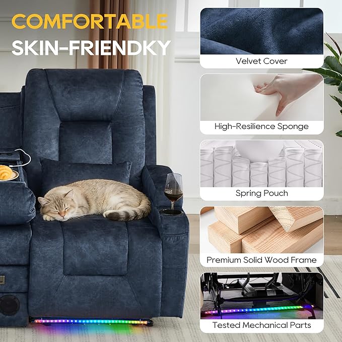 IPKIG Power Recliner Loveseat with Console Zero Wall Hugger Sofa Couch Velvet 2-Seater Sofa with LED Lights AC Outlets USB Ports Cup Holders Blue | Storage Drawer Bluetooth Speaker Living Room