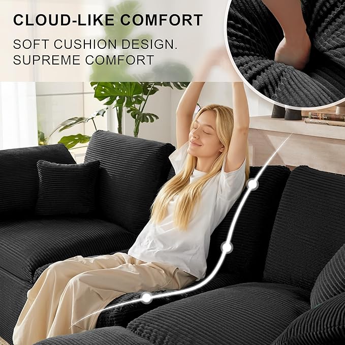 112 Cloud Sectional Couch Boneless Couches for Living Room L Shaped Couch with Convertible Ottoman Modular Sectional Sofa with Deep Seat Comfy Soft Cushions No Assembly Black