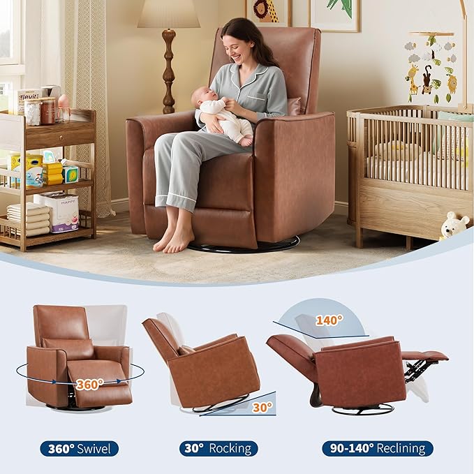GarveeHome Recliner Chair 360° Swivel Rocker Glider Nursery Chair with Padded Armrest and Deep Seat PU Leather Upholstered Reclining Sofa Chair for Living Room Bedroom and Nursery (Camel)