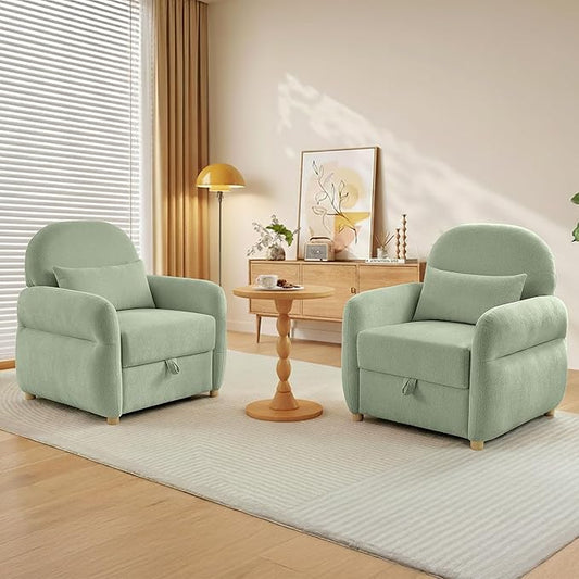 Accent Chairs Set of 2 Living Room Chairs in Chenille Fabric Modern Reading Chair with Storage Function for Living Room Apartment and Compact Spaces (Green)