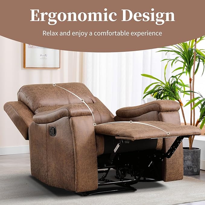 EBELLO Recliner Chair Single Overstuffed Sofa Recliner Breathable Faux Leather Manual Reclining Chairs with Hidden Cup Holder Arm and Back for Adults Living Room Bedroom Light Brown