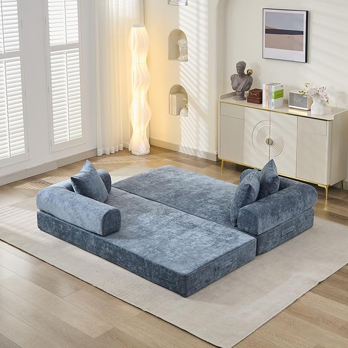 Convertible Folding Sofa Bed Modular Floor Couch 78.8‘’ Cloud Sleeper Sofa with Removable Backrest Chenille Foldable Mattress Couch Lazy Loveseat for Small Space Apartment Bedroom Blue