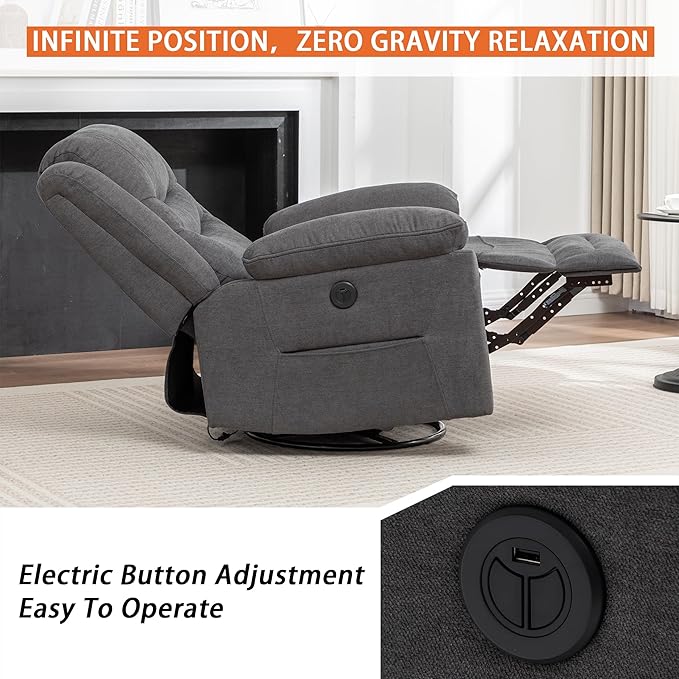 Power Swivel Rocker Recliner with Massage and Heat USB Port Infinite Position Oversized Electric Glider Rocking Chairs Living Room Soft Fabric Reclining Sofa Chair (Dark Grey Fabric)