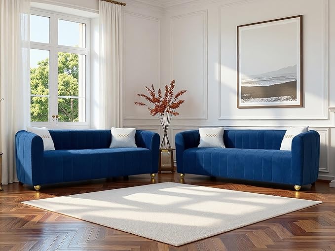 Modern Velvet Loveseat Sofa Couch for Living Room 84 Comfy Upholstered 3 Seater Sofa Couch with Gold Metal Legs &amp 2 Pillows Luxury Sectional Sofa for Bedroom Office Apartment Blue