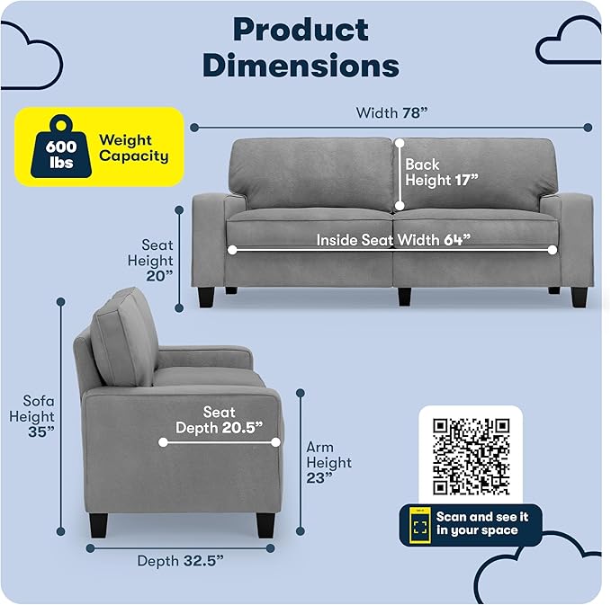 Serta Palisades 78 Track Arm Sofa Easy Care Polyester Soft Pillow Back Pocket Coil Seat Cushions Removable Covers Loveseat or Couch for Small Spaces Living Rooms or Bedrooms Glacial Gray