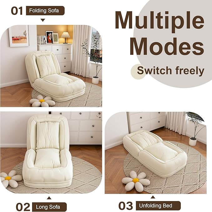 Montary Multifunctional Foldable Lazy Sofa Bed - 5-Position Ergonomic Design with 2 Soft Pillows Shared Lounger for Adults &amp Pets for Living Room Bedroom and Reading Nook (White)