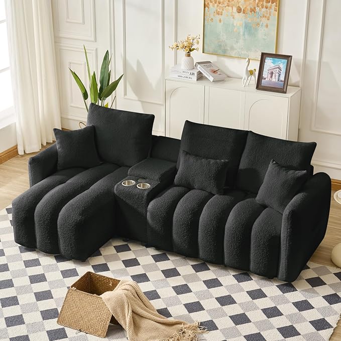 91.7 Modular Cloud Couch L-Shaped Teddy Fabric Sectional with Power &amp USB Ports Deep Seat 3-Seater Cloud Sofa with Storage Console &amp Cup Holders for Living Room Bedroom Apartment Black