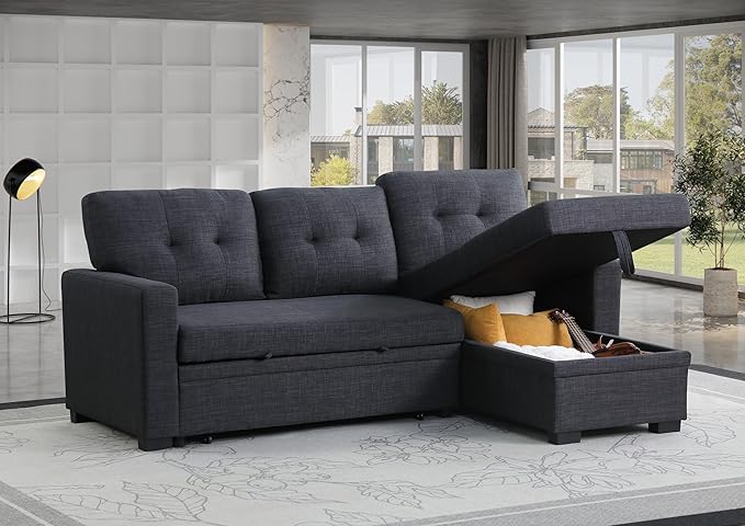 Ball &amp Cast L-Shape Reversible Sectional Sleeper Sofa Bed 4 in 1 Pull Out Couch with Storage Chaise &amp Removable Back CushionsConvertible Sleeper Corner Couch Pull-Out Sofa Bed for Living Room
