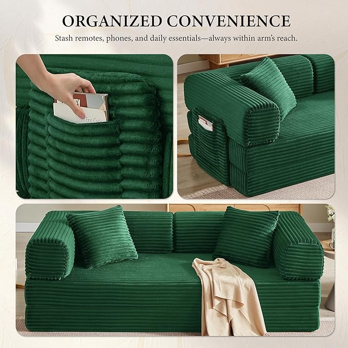 Boneless Couch Folding Couches for Living Room Sofa Futon Sofa Bed with Sleeper Sofa Futon Couch with Fixed-Shape Oversized Corduroy Upholstered (Green 81 Inches)