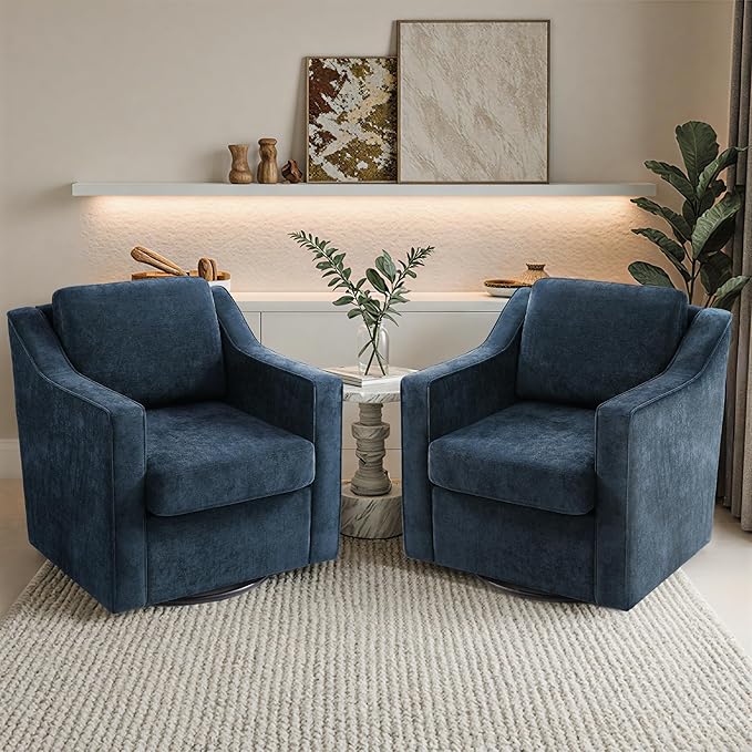 Pia Ricco 2-Pack Plush Oversized Chenille Fabric Swivel Accent Chairs with Removable Covers Living Room Reception Bundle SetGrey Blue