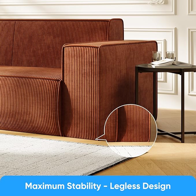 PUREMIND 3 Seater Corduroy Couch for Living Room 76 Modern Sofa in a Box No Installation &amp Easy to Transport Deep Seat Sofa with Wide Armrest Orange