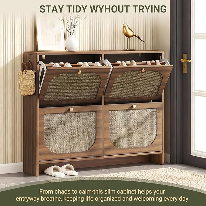Nicetree Rattan Arched Accent Shoe Storage Cabinet - Freestanding Ultra Slim for Entryway 4 Flip Drawers &amp 3-Tier Adjustable Shelves Farmhouse Modern Rustic Shoe Rack for Hallway Foyer Living