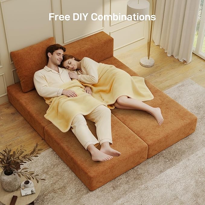 Living&ampGiving Cloud Sectional Couch for Living Room Modular Boneless Couch with 1 Ottoman Middle-seat Can Be Combined with Modular Sofa Customizable Layout for Any Space Orange