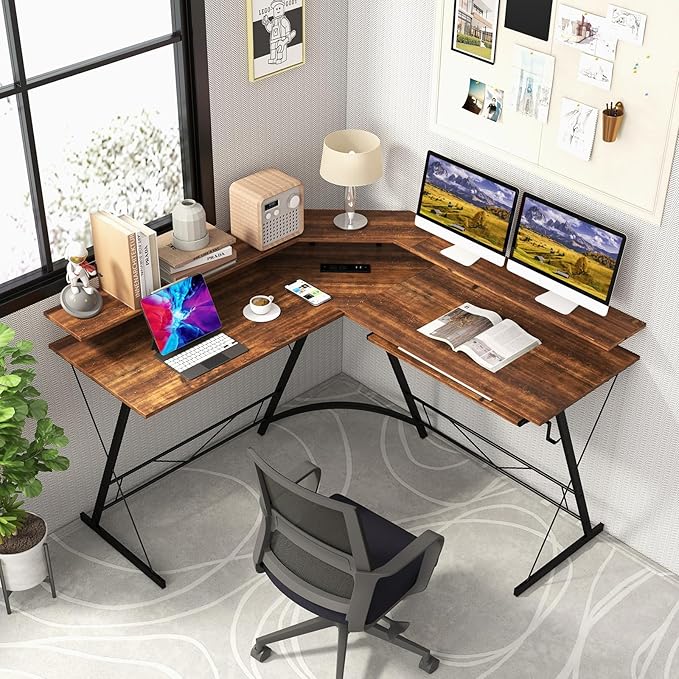 Tangkula L-Shaped Computer Desk with Power Outlet 51 Corner Computer Workstation with Monitor Stand Keyboard Tray &amp Headphone Hook Ergonomic Gaming Desk for Home Office (Rustic Brown)