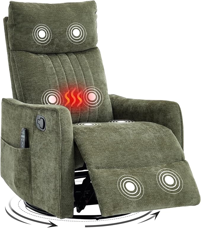 Swivel Rocker Recliner Chair 360° Swivel Recliner with Heat and Massage Rocker Recliner Nursery Glider Chair with Side Pockets for Living Room (Olive Green Fabric)