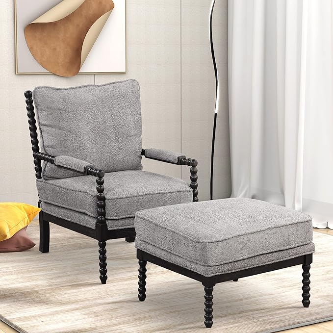 Generic Velvet Accent Lounge Chair with Ottoman Modern Armrests Pad Reading Chair with Footrest for Small Space Living Room Black+Gray