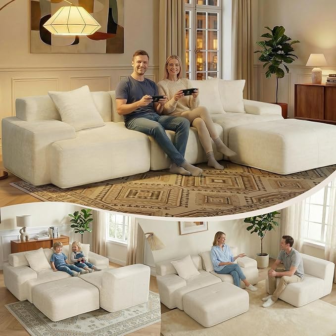 117 Modular Sectional Sofa Couch Chenille Upholstered Boneless Couch Oversized L-Shaped Cloud Sectional Couch with Ottoman &amp Deep Seating No Assembly Beige