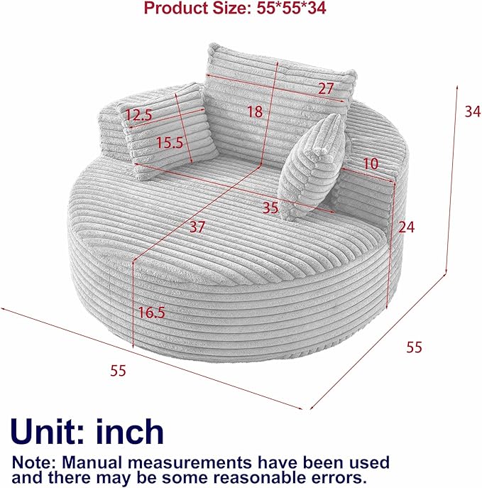 55''W Chenille Oversized Round Chaise Longue Chair Indoor Upholstered Deep Seat Floor Sofa Chair with Pillow No Assembly Required Single Sofa Armchair for Living Room(Chenille Black)