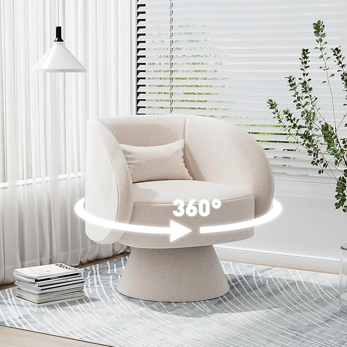 Swivel Barrel Chair Set of 2 Upholstered Swivel Accent Chairs for Living Room Comfy 360 Degree Modern Small Round Armchair for Bedroom Office (Beige White Linen)