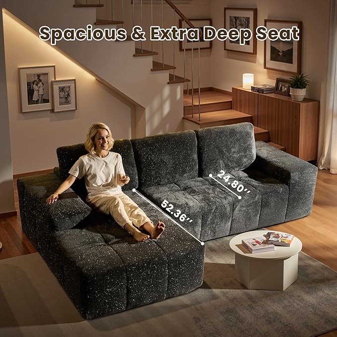 114 Glitter Cloud Sectional Couch with L-Shape Chaise Modern Boneless Couches for Living Room Fluffy Tufted Deep Seat Modular Sofa in a Box No Assembly