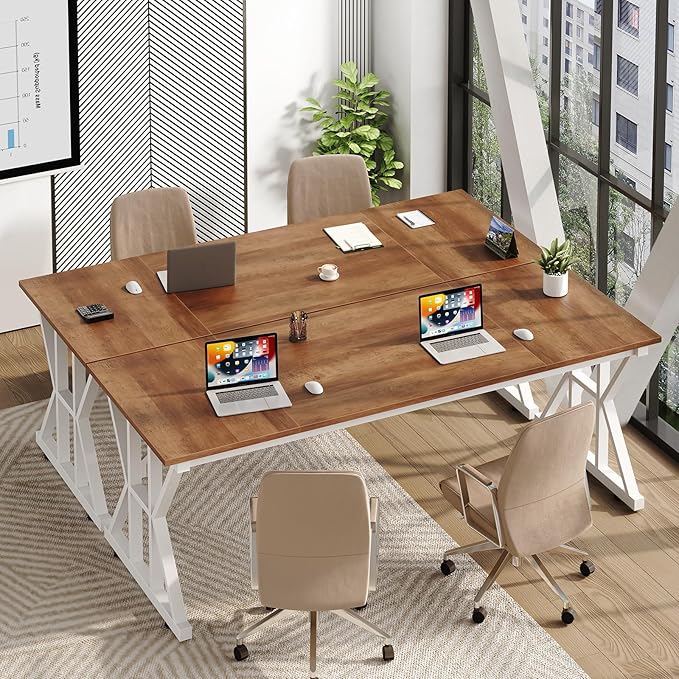 TVU Computer Desk 63 inch Large Office Desk Study Writing Table with Thicken Frame Gaming Desk Modern Simple Desk for Home Office Brown