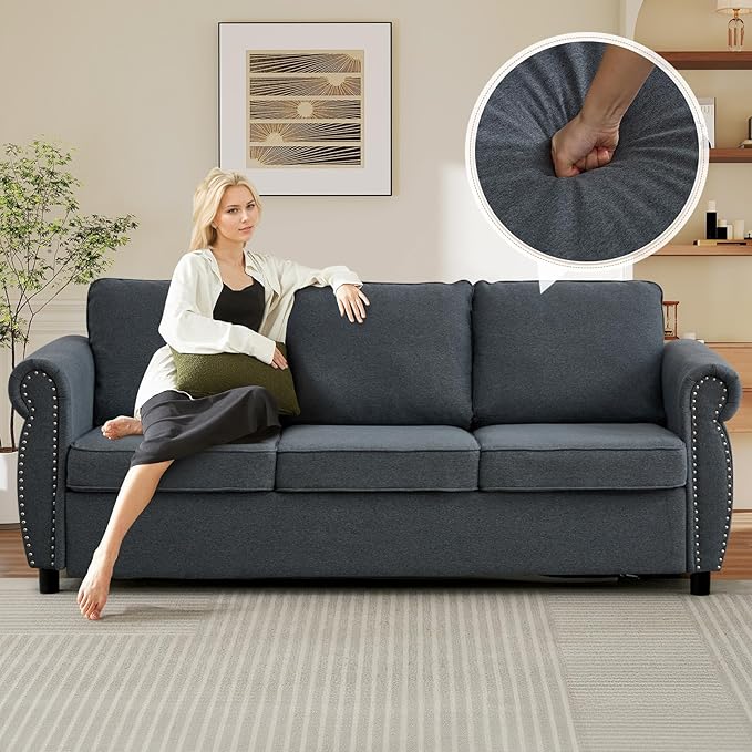 Queen Pull Out Sofa Bed 2-In-1 Pull Out Couch Bed with Memory Foam Mattress &amp Riveted Rolled Armrests 3 Seater Convertible Sleeper Sofa Foldable Couch for Living Room Bedroom Apartment(Dark G