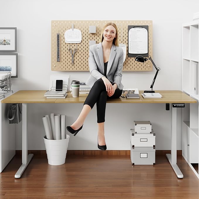 Shintenchi Standing Desk 71x31 Inch Height Adjustable Electric Sit Stand up Desk Ergonomic Rising Computer Table Modern Lift Gaming Desk Workstation for Home Office Walnut and White
