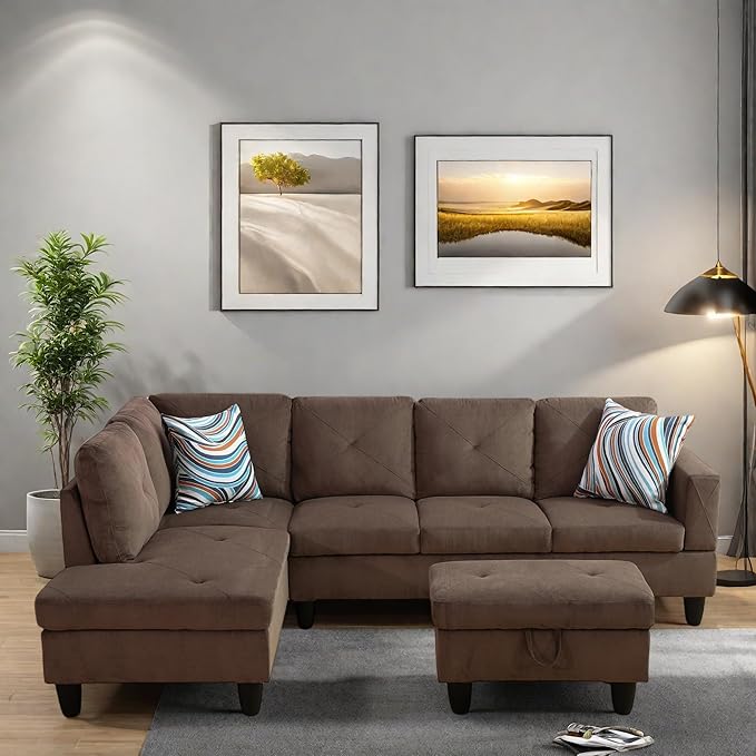 FONTOI L Shaped Sectional Couches Modern Modular Sectional Sofa for Living Room Bedroom Furniture Comfy 4 Seat Couch with Ottoman Storage &amp Chaise Brown