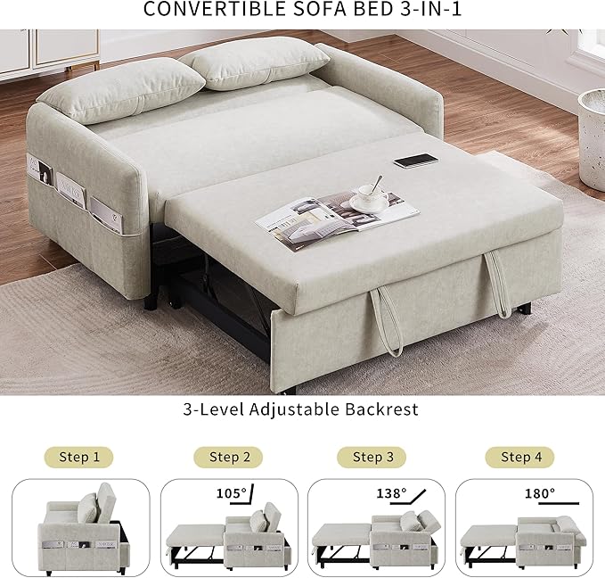 Merax 55.1 W Convertible Sofa Bed with Adjustable Backrest2 PillowsUSB Ports and 6 Storage Side PocketsPull-Out Sleeper Sofabed Microfiber Loveseat Couch for Living Room Bedroom ApartmentBeige
