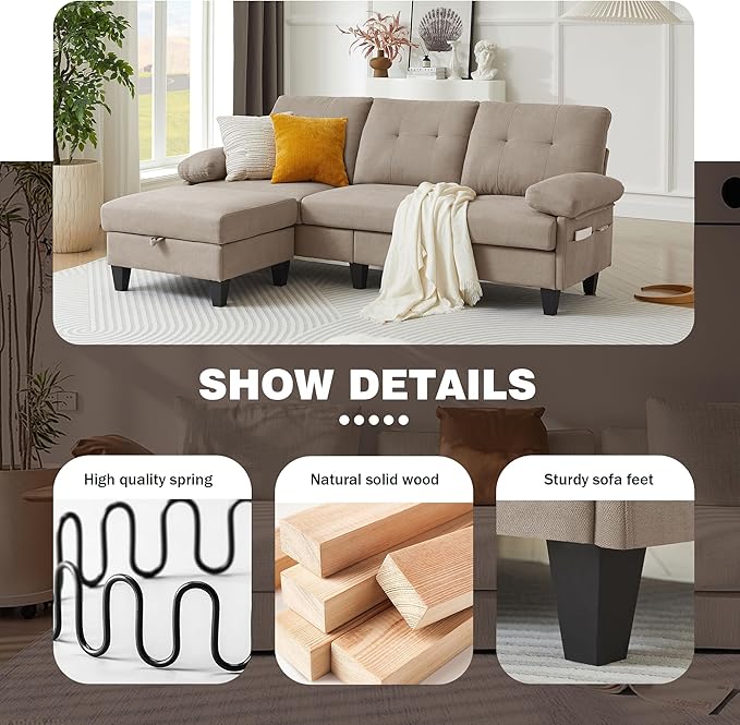 84 Convertible Sectional Sofa Deep 3-Seat L Shaped Sectional Couch with Ottoman Deep Seat Cushions Modern Linen Couches for Living Room Apartment and Small Spaces (Beige)