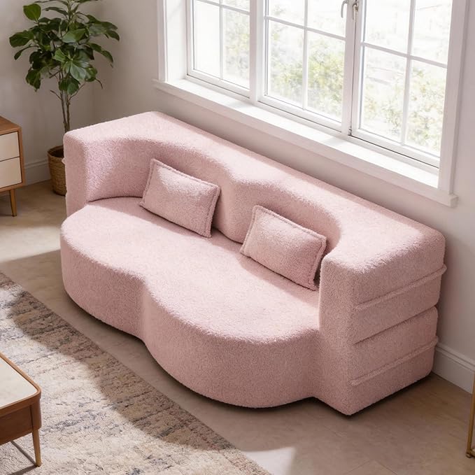 2 in 1 Convertible Compressed Sofa Bed 54'' Modern Boneless Loveseat Sleeper in a Box Floor Mattress Futon Couch No Assembly Needed Space Saving Light Pink 2 Pillows Full for Small Apartment