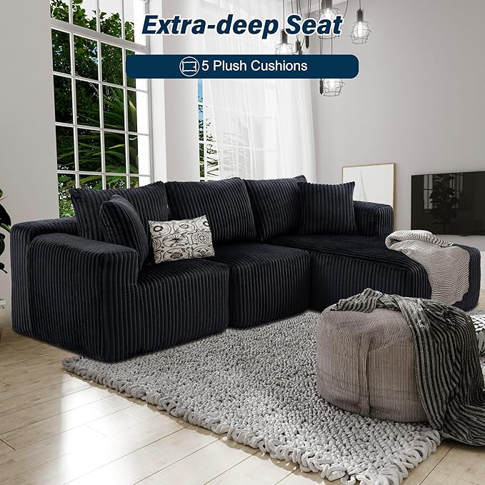 3 Seater L Shaped Sofa with Deep Seat 101 Cloud Sectional Couch with Chaise Cozy Modular Couches Sleeper Oversized Corduroy Sofa for Living Room Bedroom Apartment Black