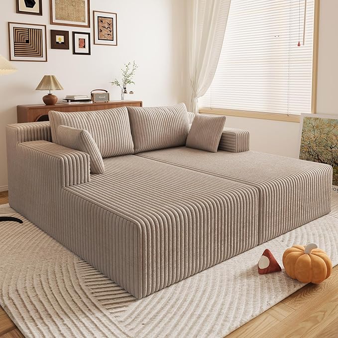 71Oversized Chaise Lounge ChairSectional Double Lounge Chaise with Pillows Upholstered Corduroy Boneless Lounge Chair Fluffy Modern Loveseat Sleeper Sofa for Living Room or Bedroom(Camel)