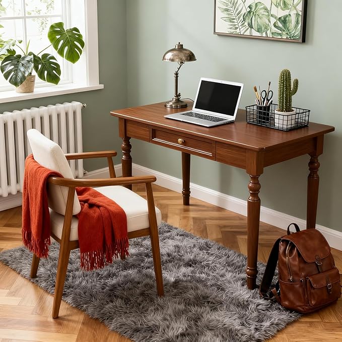 Farmhouse French Country Writing Desk with Drawers – Solid Wood Computer Desk for Home Office Bedroom &amp Study Workspace Compact Rustic Wood Table (Walnut Color 31 * 30 * 24in)